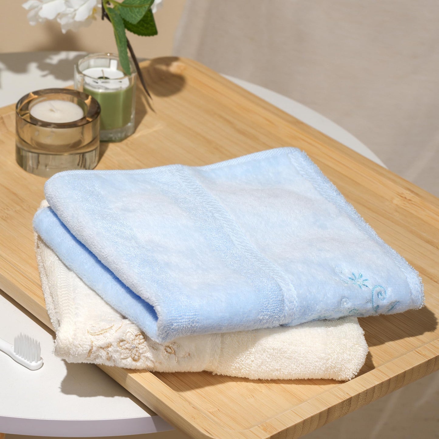 Vie TRIOMPHE Face Flannels Set of 2 Cotton Washcloths 34x35cm 100% Cotton High-Low Pile Embroidered Soft Absorbent Face Cloths Beige and Blue