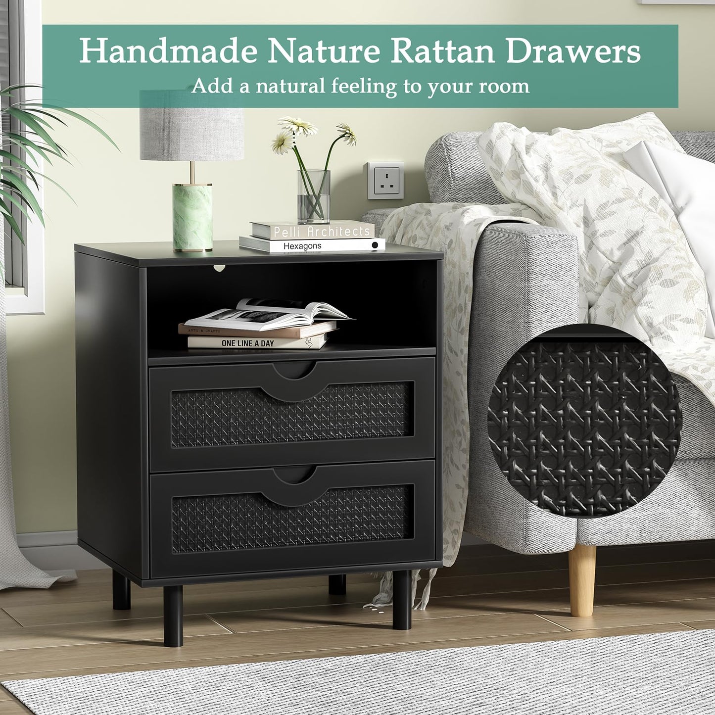 Skokliz Bedside Table with 2 Drawers, Black Rattan Nightstand with Open Shelf for Bedroom, Mid-Century Modern Side Table, 50cm W x 39.5cm D x 60cm