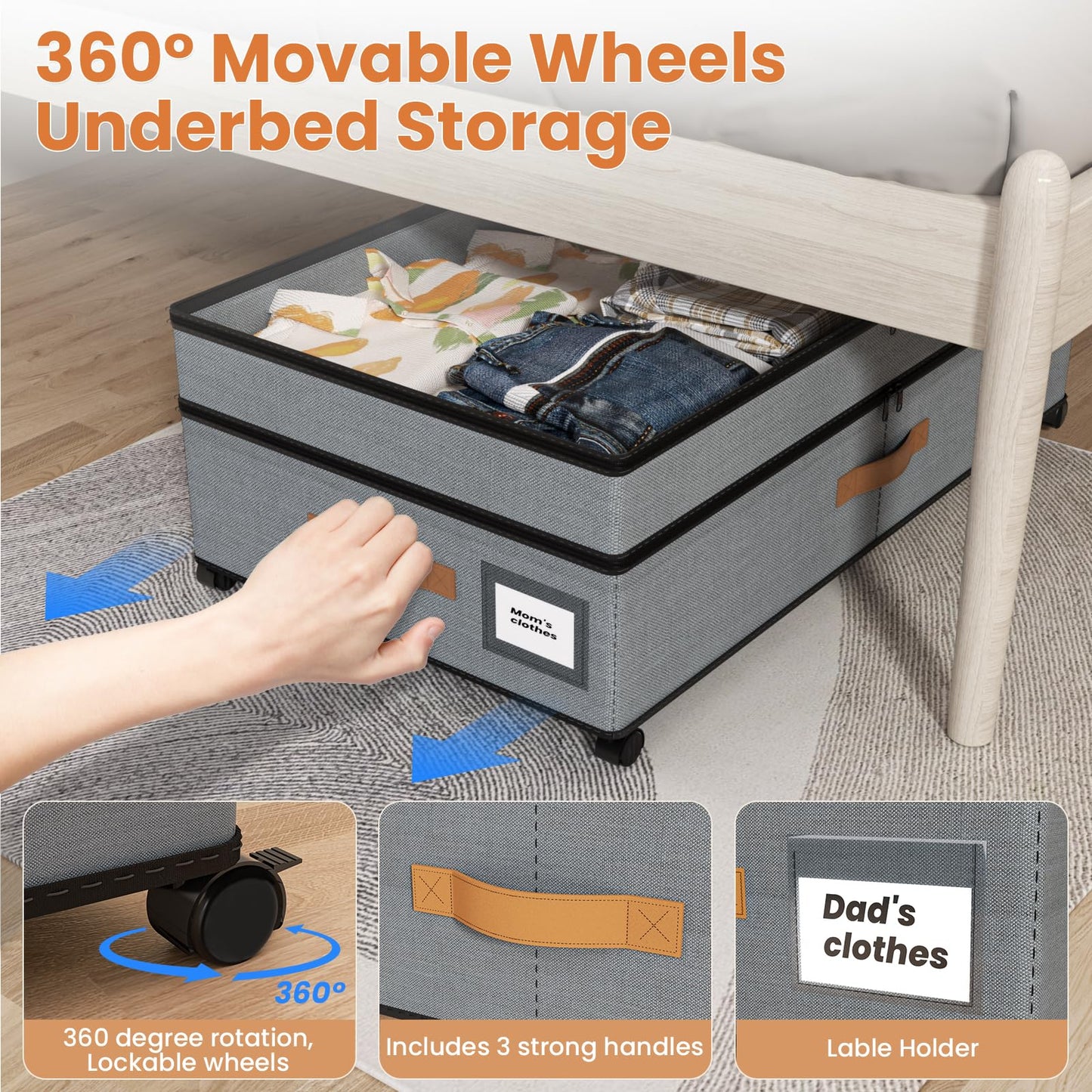 KLINTOS Under Bed Storage on Wheels – 2 Pack 72L XXL Underbed Storage Drawers, Adjustable 10in High Closet Organizers with Lid