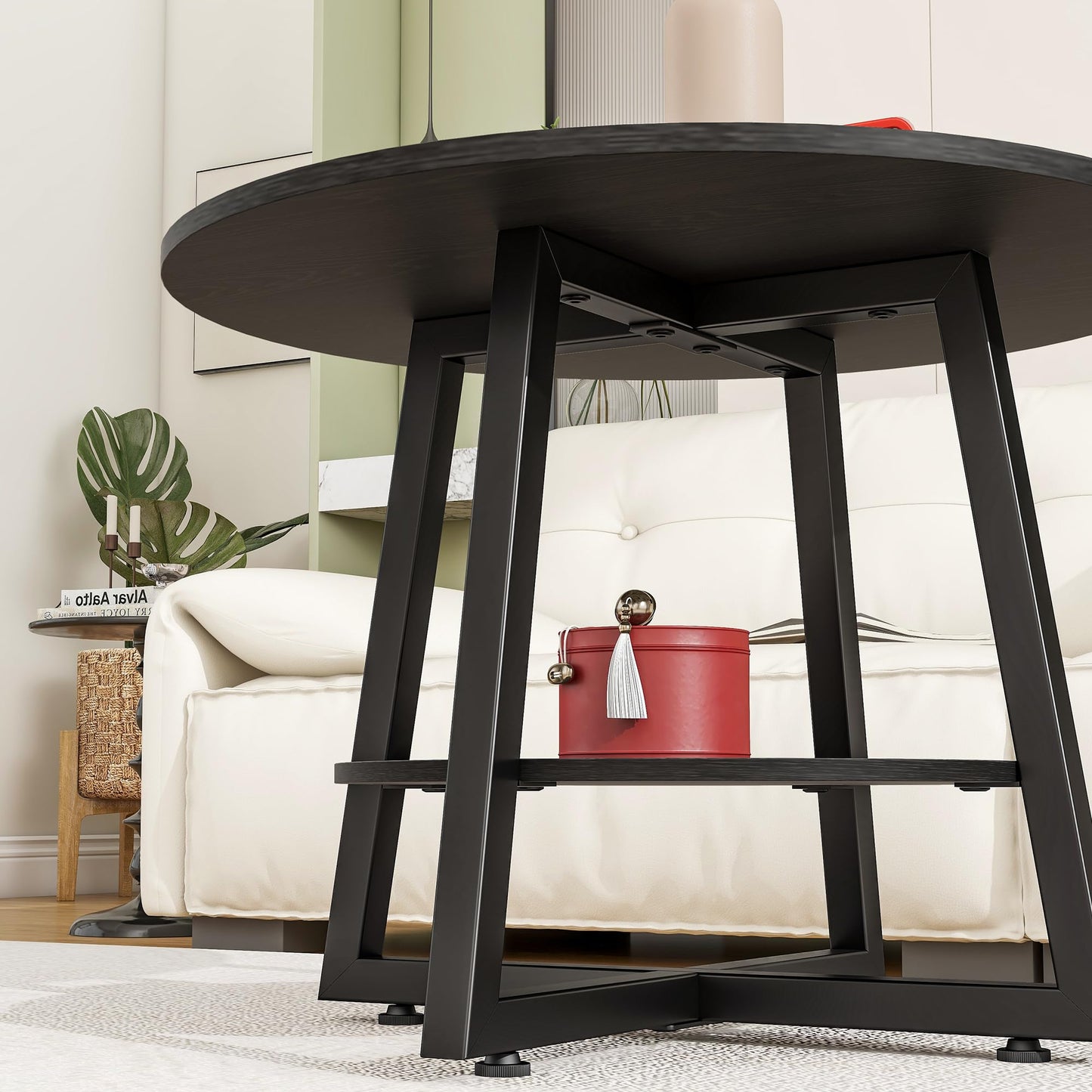 FOUBAM Round Coffee Table with Storage,Metal Small Coffee Table,Black