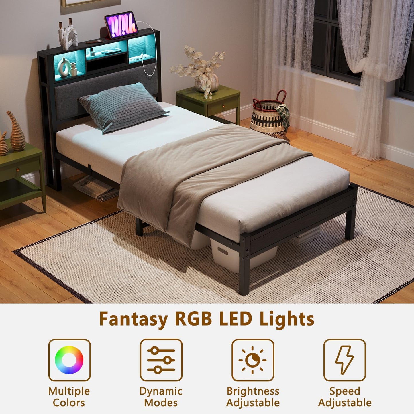 MUZERUL 3ft Single Bed Frame with Storage Shelf Upholstered Headboard, Heavy Duty Platform Bed Frame, Metal Bed with Charging Station and LED Lights