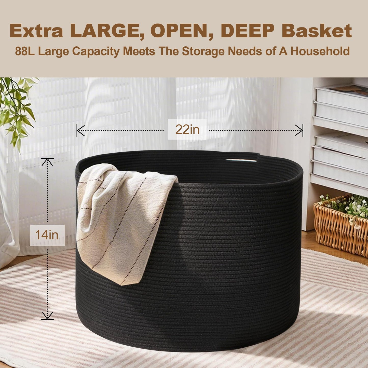 MEGASKET Large Black Blanket Basket, 22" X 22" X 14" Woven Rope Bin for Storage, Kids Dog Toy Storage Box Organizer Bins
