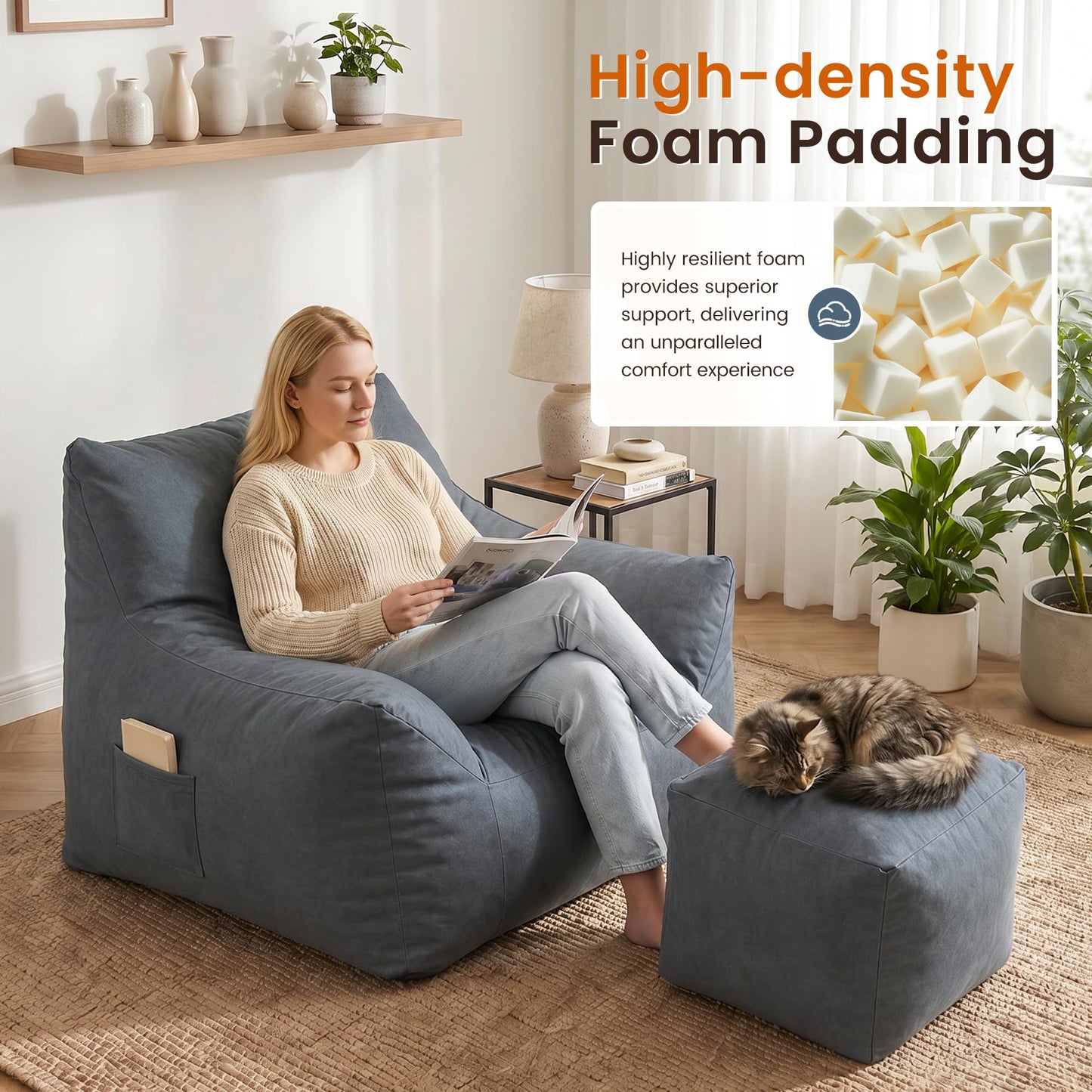 Pamapic Bean Bag, Bean Bag Chair Indoor Outdoor Weather Resistant, Large Beanbag Sofa with Footstool, BeanBag Adult with FIlling Included