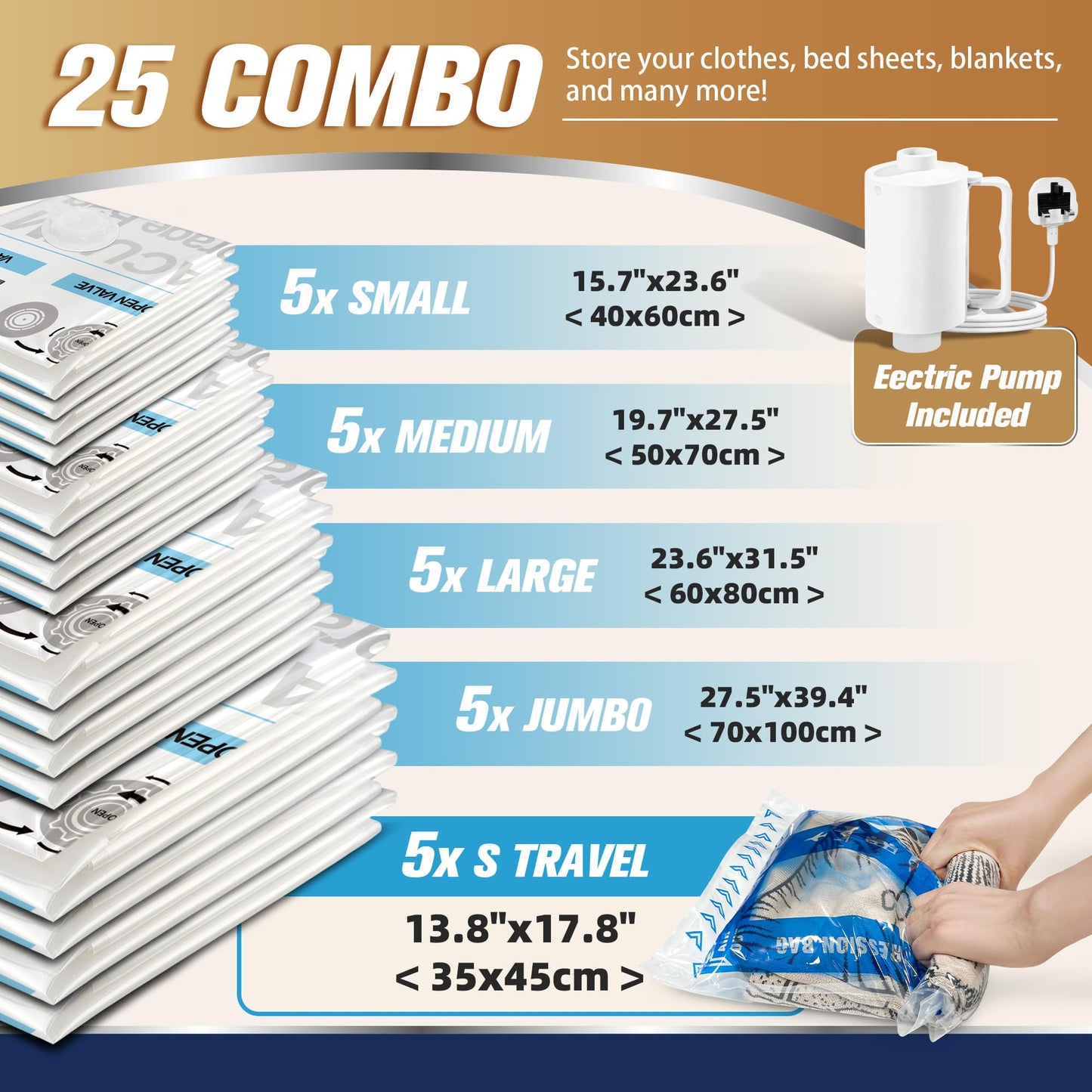 STORAGE MASTER Vacuum Storage Bags, Space Saver Bags 80% More Storage Space, with Electric Pump (25, Combo)