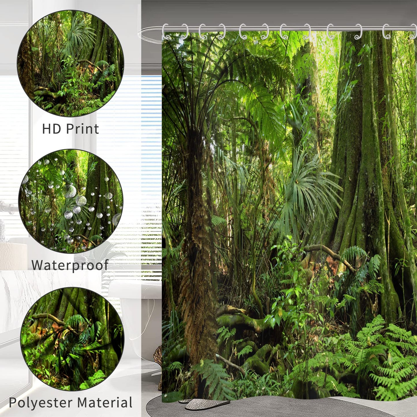 Forest Shower Curtain 180x220, Hnmdmyi Tropical Jungle Rainforest Green Tree Plant Nature Landscape Scenery Bathroom Curtains with Hooks Waterproof