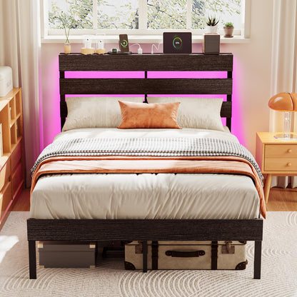 Bonnlo 4ft6 Double Bed Frame with Storage Headboard & LED Lights, 135x190cm, Metal Bed Frame with Charging Station USB/Type-C/2 Outlets