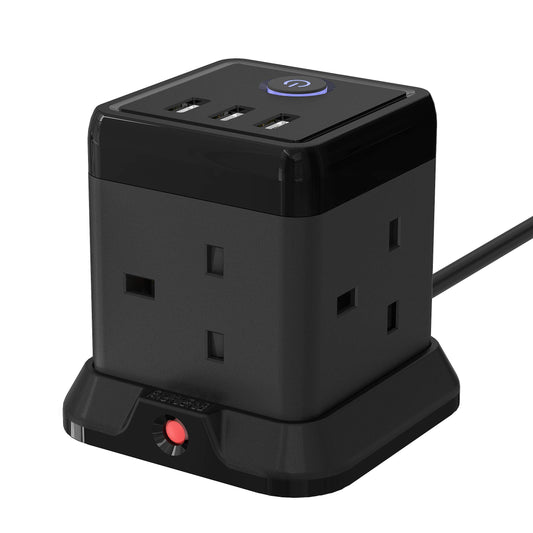 Cube Extension Lead with 3 USB Slots 13A 3250W Hulker 4 Gang Plug Socket with Switch 4 Way Power Strip with 3 USB Port 1.5M Extension Cord Black for