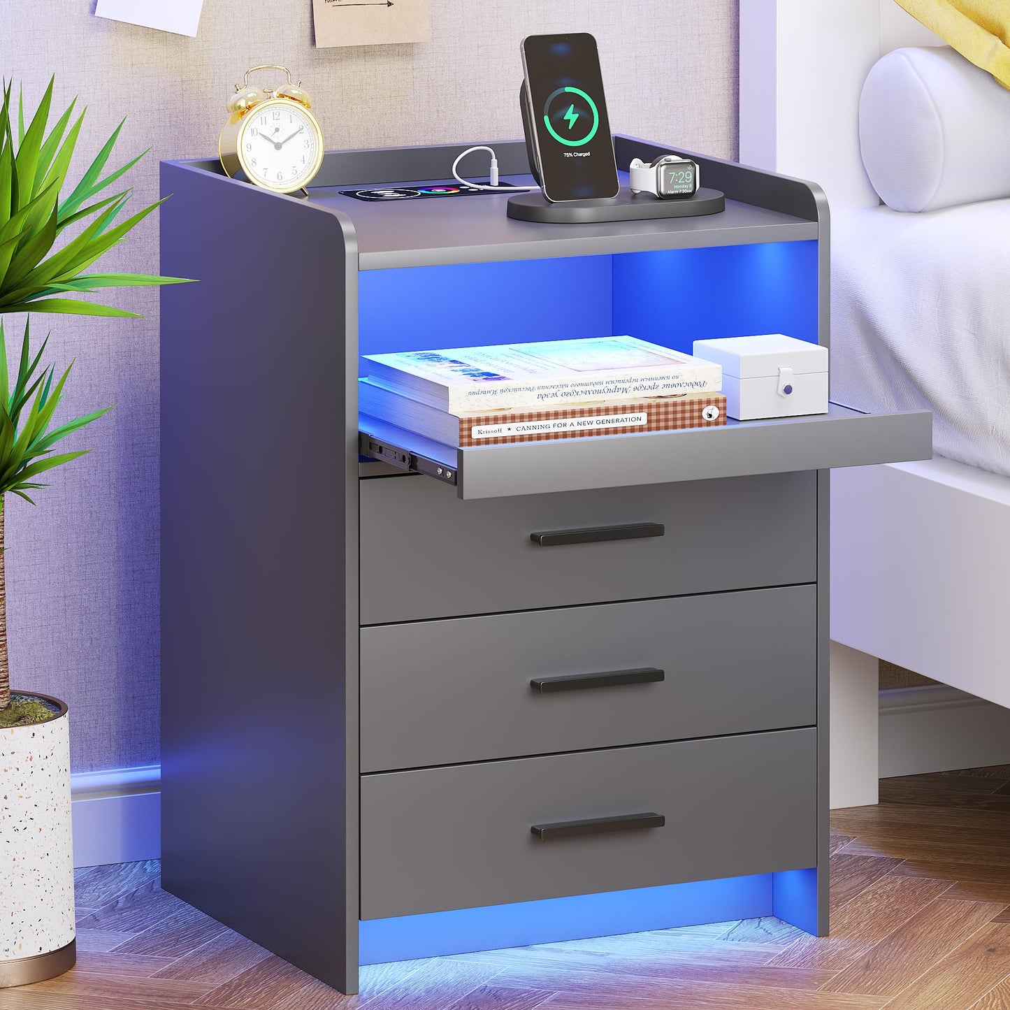 FREDEES Bedside Table with Charging Station and LED Lights, Grey