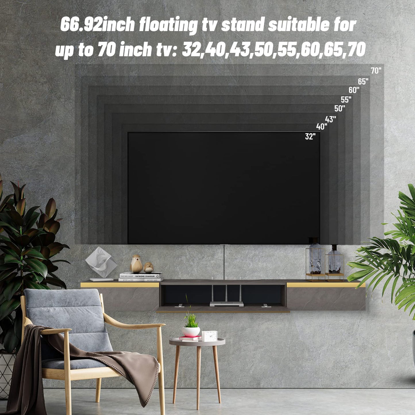 Pmnianhua Floating TV Stand, Wall Mounted TV Cabinet, Floating Shelves with 2 Drawers and 1 Door