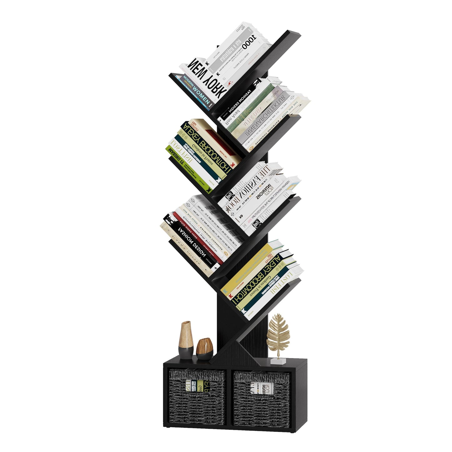 Vagusicc 6 Tier Tree Bookshelf with 2 Storage Baskets, Tall Display Shelf Organizer for Books, Magazines, Home Decor