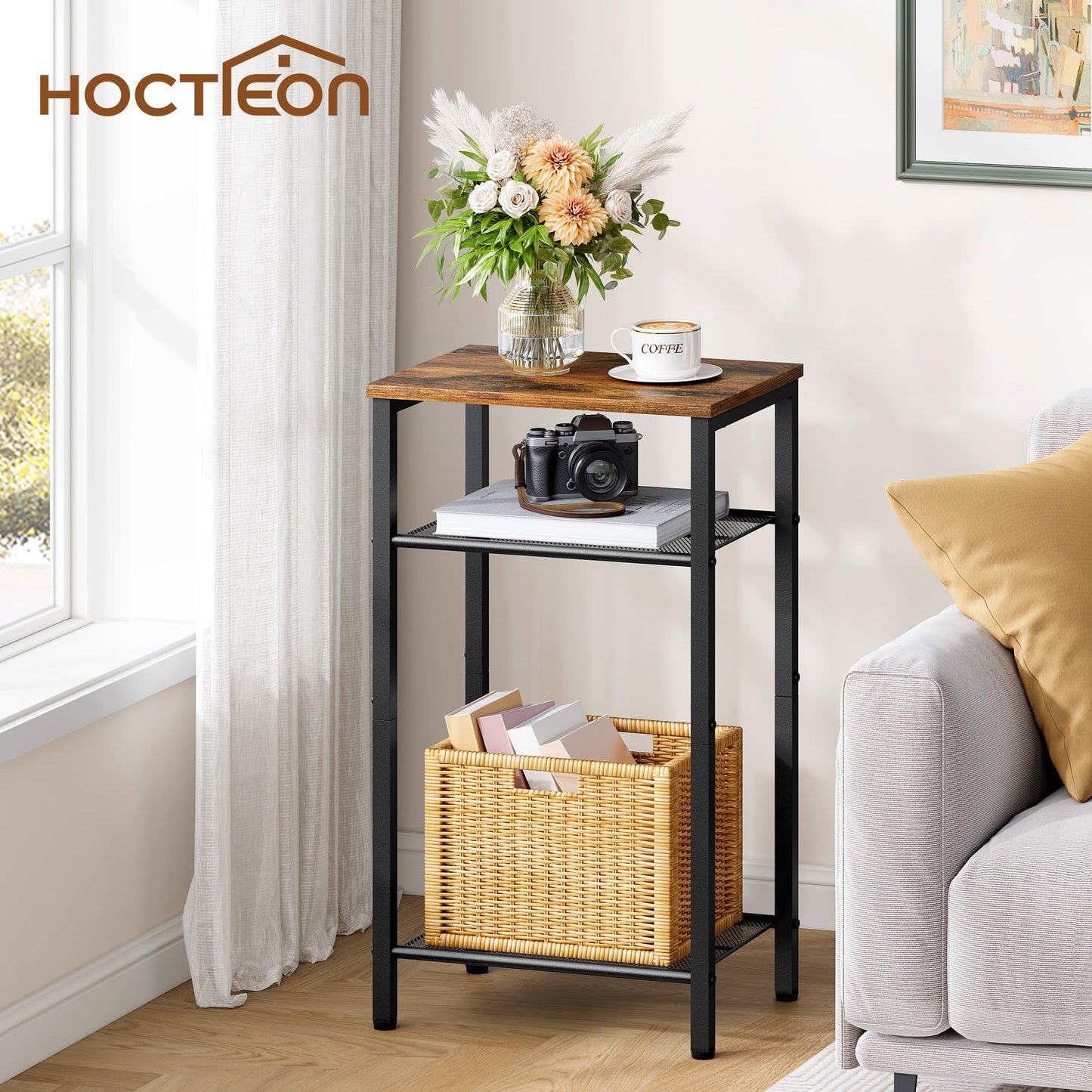 Hoctieon 3 Tier End Table, Telephone Table, Tall Side Table with Storage, Small Nightstand for Small Spaces, Metal Frame, For Living Room, Bedroom