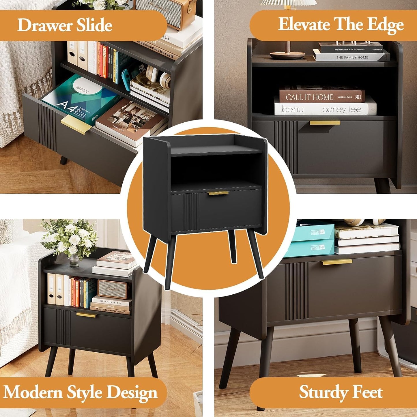 Bedside Table, Nightstand, Bed Side Table with Wood Decorated Drawers