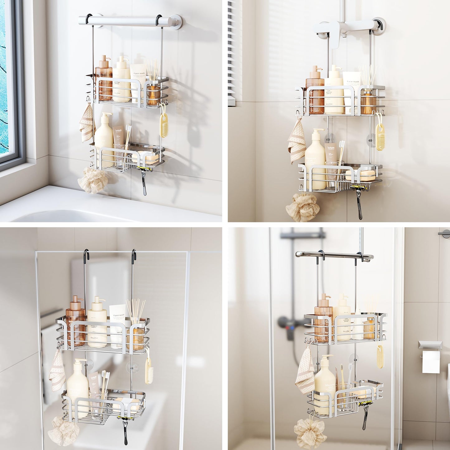 SWTYMIKI Shower Caddy Hanging Organiser - Over Door Shower Caddy with Soap Holder, 11 Hooks, 2 Installation Ways for Shower Organiser