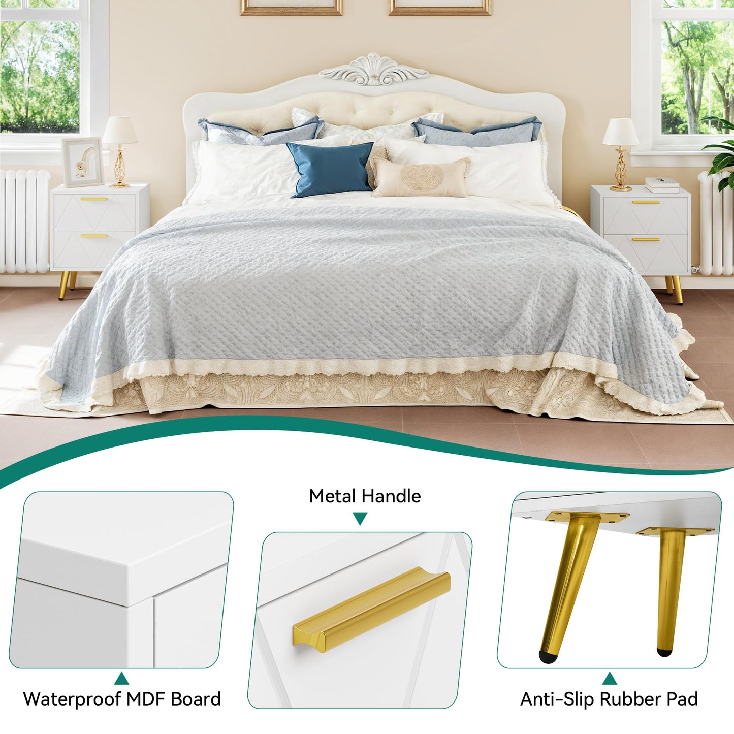 YITAHOME 2-Drawer Bedside Table Set of 2, Small Bedside Storage White