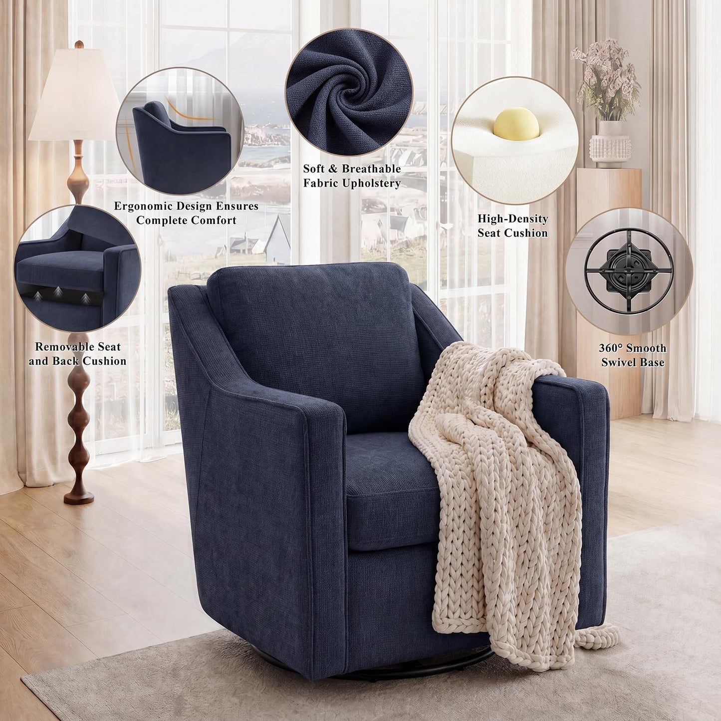Swivel Armchair for Living Room, 360° Rotating Living Room Chair, Linen Fabric Accent Chair with Removable Seat Cushion & Pillow
