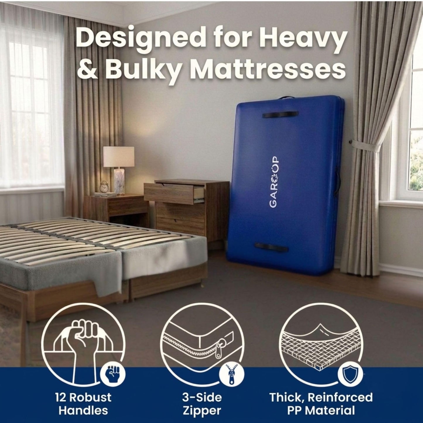 Mattress Bag for Moving and Storage with 8 Handles and Zip - Tarp Plastic Mattress Cover for Moving and Storage