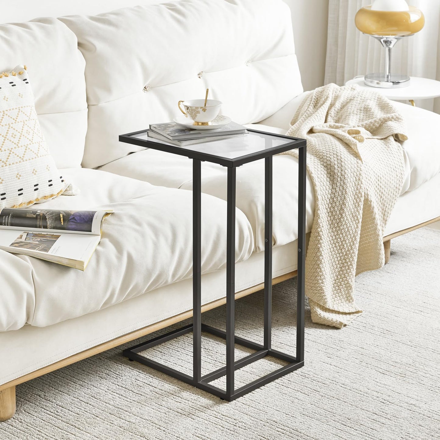 YMYNY C Shaped End Table, Tempered Glass Snack Side Table for Small Space with Metal Frame, Narrow Couch Table, for Living Room, Bedroom