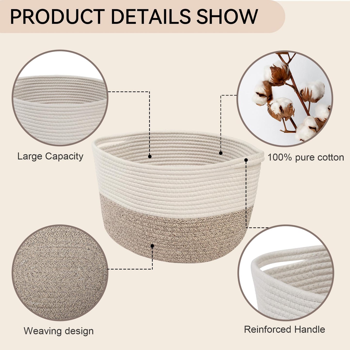 Pomodee White-Brown Cotton Rope Woven Storage Basket with Handle,34×28×24 cm,Storage Baskets for Gifts,Toys,Clothes,Books,Bathroom and Living Room