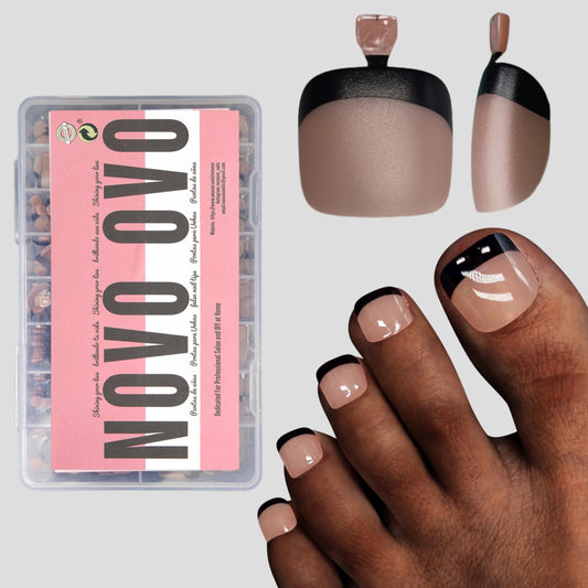 NOVO OVO Halloween Black French Tip Toe Nail Tips Press on, Soft Gel Toenail Extension, BROWN PINK Square Round Pre-applied Tip Primer & Base Coat,