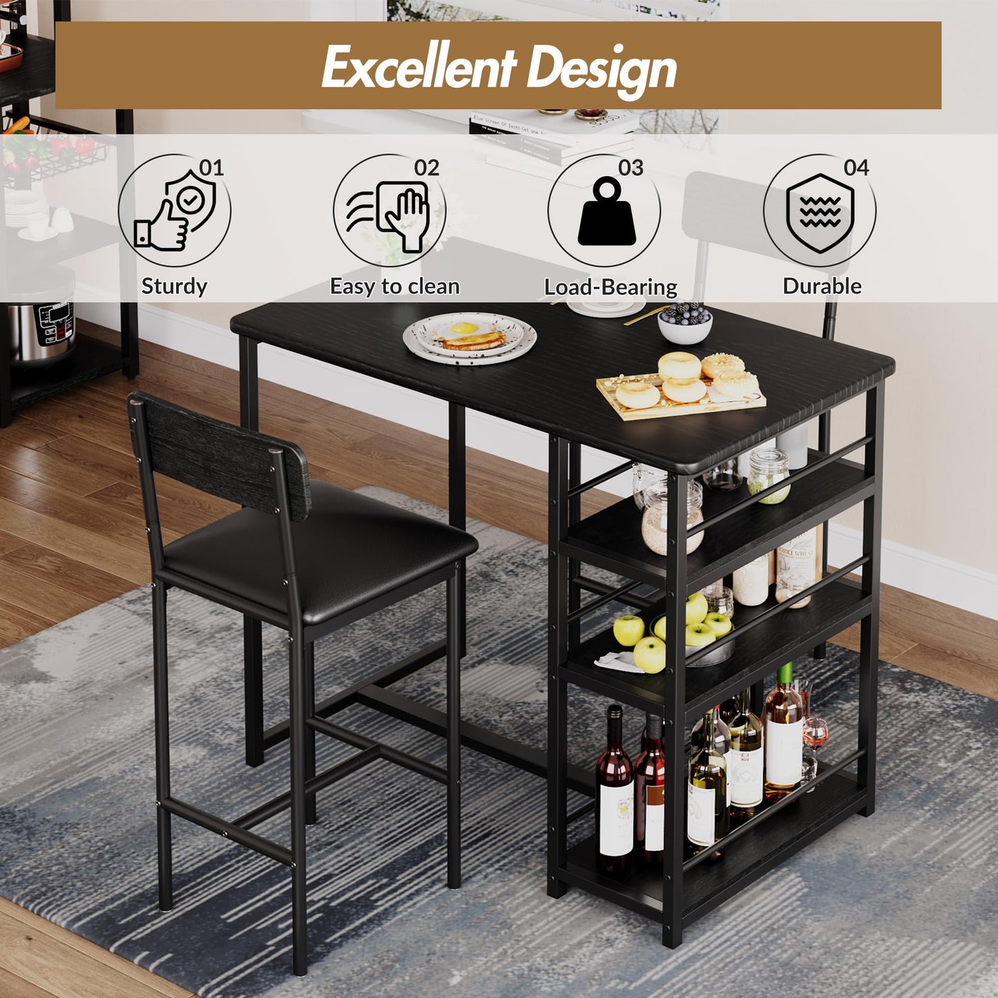 Crevyteg Compact 3-Piece Breakfast Bar Set for Small Spaces - Includes Storage Shelf Table & 2 High-Back PU Leather Stools
