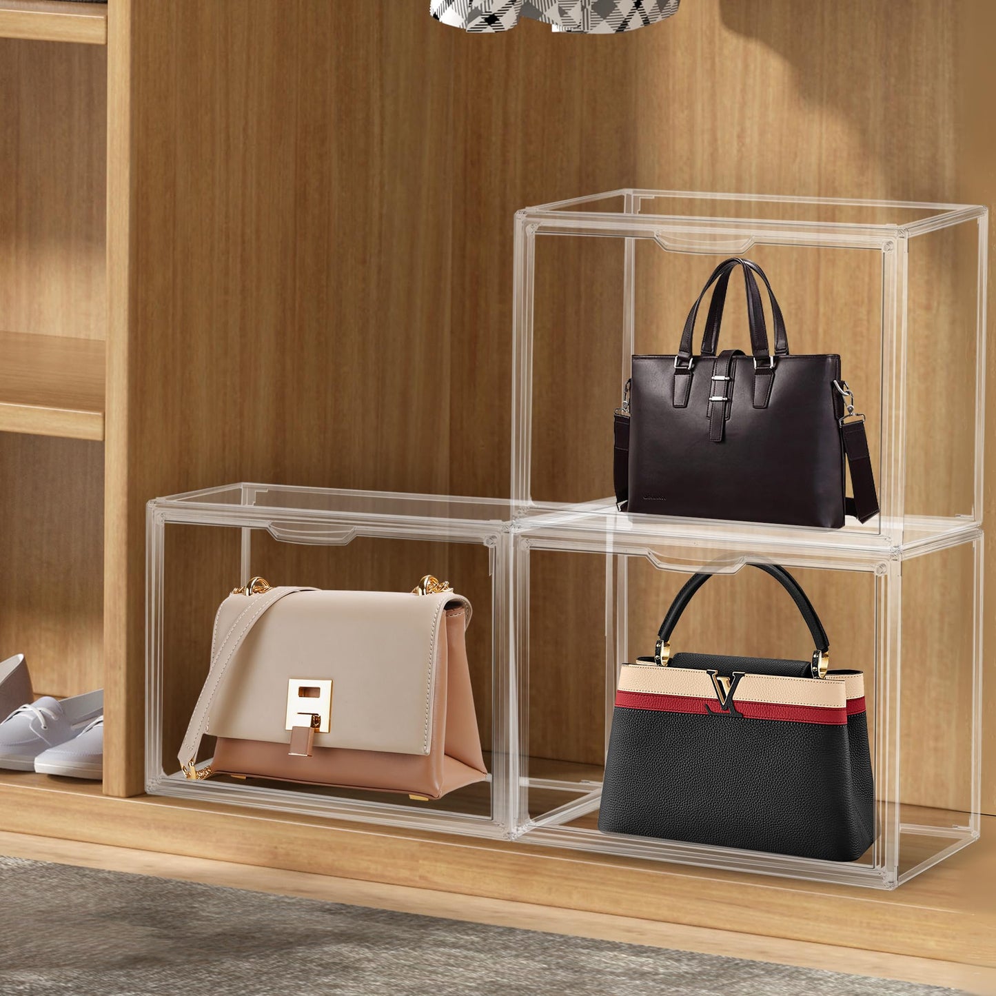 Umisu 3 Pack Handbag Storage Organizer, Clear Acrylic Handbag Display Case with Magnetic Door, Luxury Stackable Purse & Clutch Storage Box