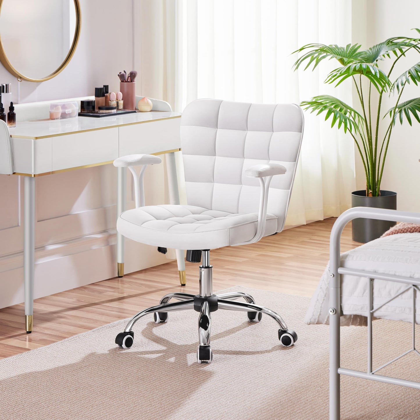 Yaheetech Faux Leather Swivel Vanity Chair with Detachable Armrests, White