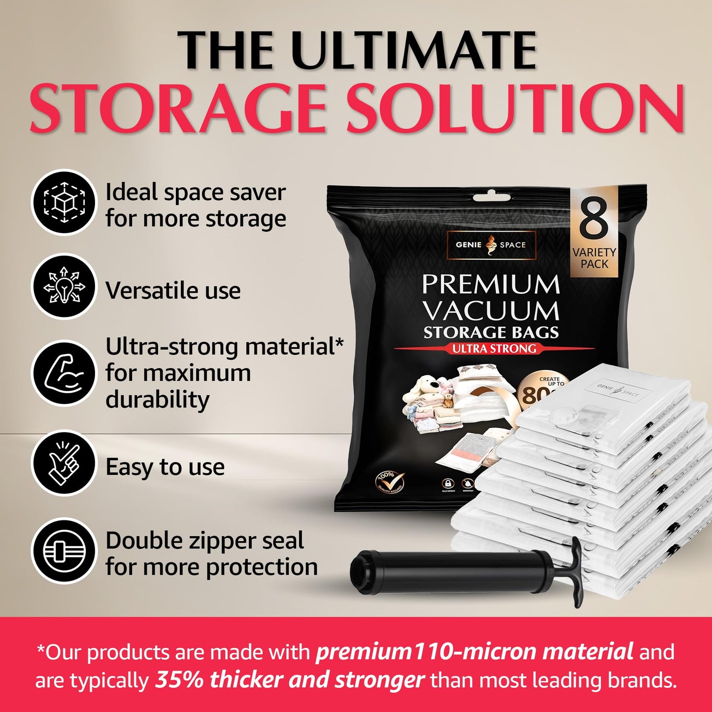 GENIE SPACE Premium Vacuum Storage Bags Variety 8 Pack with Pump