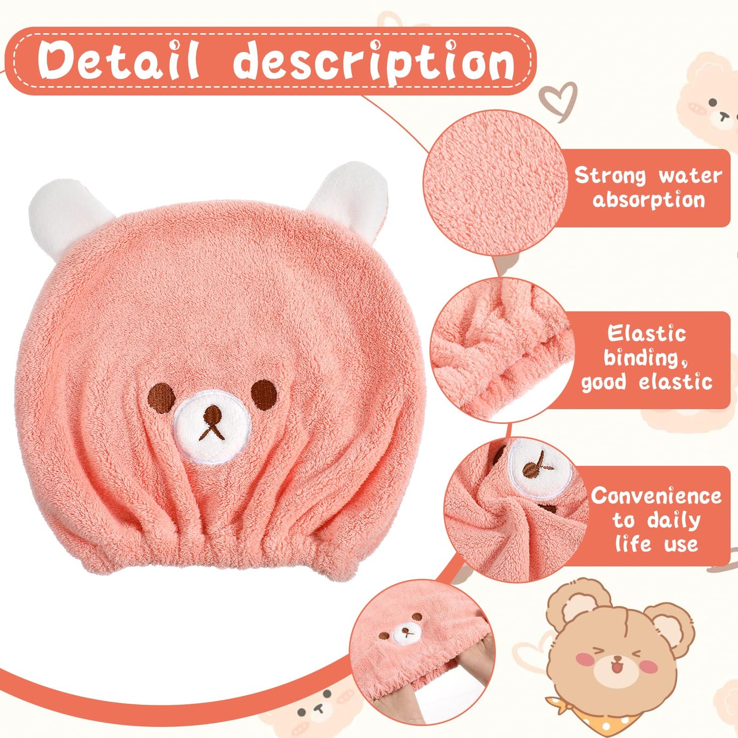 Gjinxi 2 Packs Hair Towel Wrap for Kid, Soft Hair Wrap Towels, Rapid Drying Towel Cute Bear Hair Turban Towel Absorbent Hair Drying Towel Wrap for