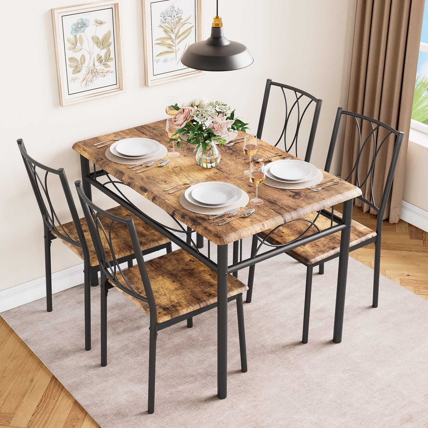 Dining Table and 4 Chairs Set, 5-Piece Kitchen Table Set with Heavy Duty Metal Frame, Space Saving Furniture for Small Dining Room, Apartment