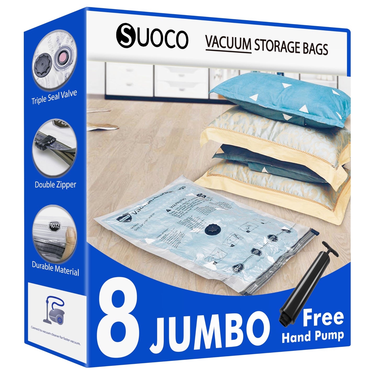 Vacuum Storage Bags 8 Jumbo, Space Saver Bags with Travel Hand Pump, Compression Seal Bags for Clothes, Duvets