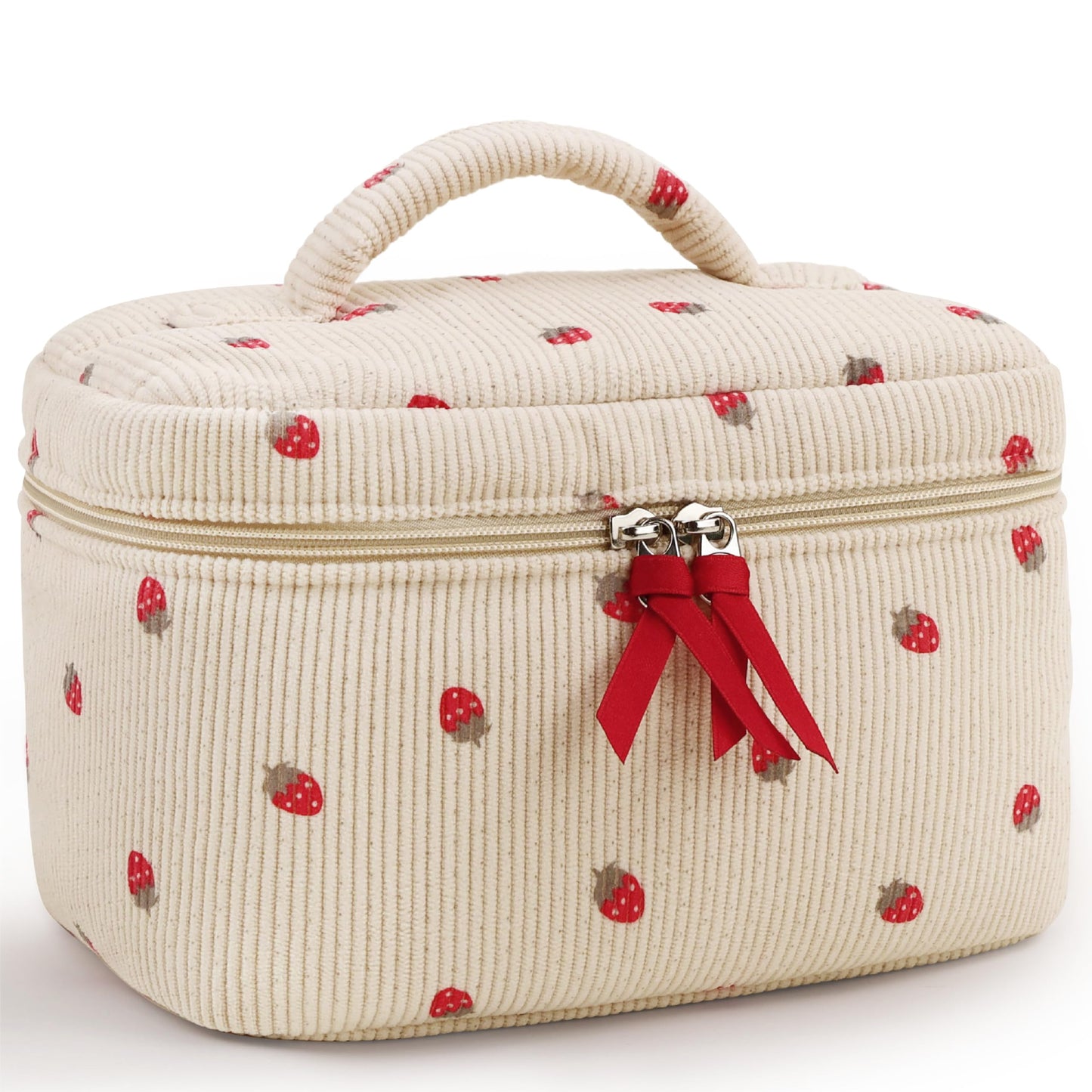 Prite Corduroy Makeup Bag Floral Cosmetic Pouch Cute Travel Toiletry Bag Aesthetic Organiser Bag for Women and Girls (Strawberry)