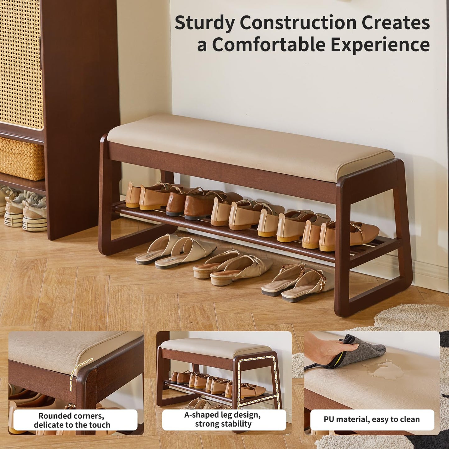Aibiju Wood Shoe Storage Bench with Cushion, 2 Tier Shoe Rack with Flip-Top Storage, 39.37in Shoe Organizer Storage Shelf for Entryway, Living Room