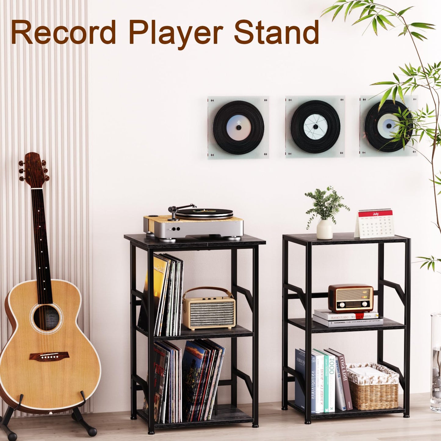 LOAKEKEL Record Player Stand, Vinyl Record Storage with Extra-Large Desktop