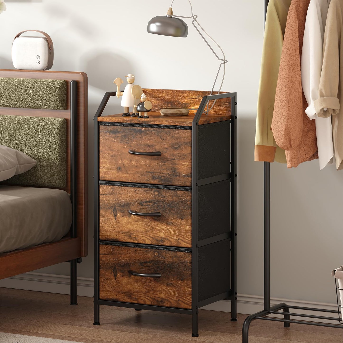 Feonase 3-Drawer Chest of Drawers with Metal Frame & Top Back Shelf – Modern Fabric Storage Cabinet for Bedroom, Living Room, Small Spaces