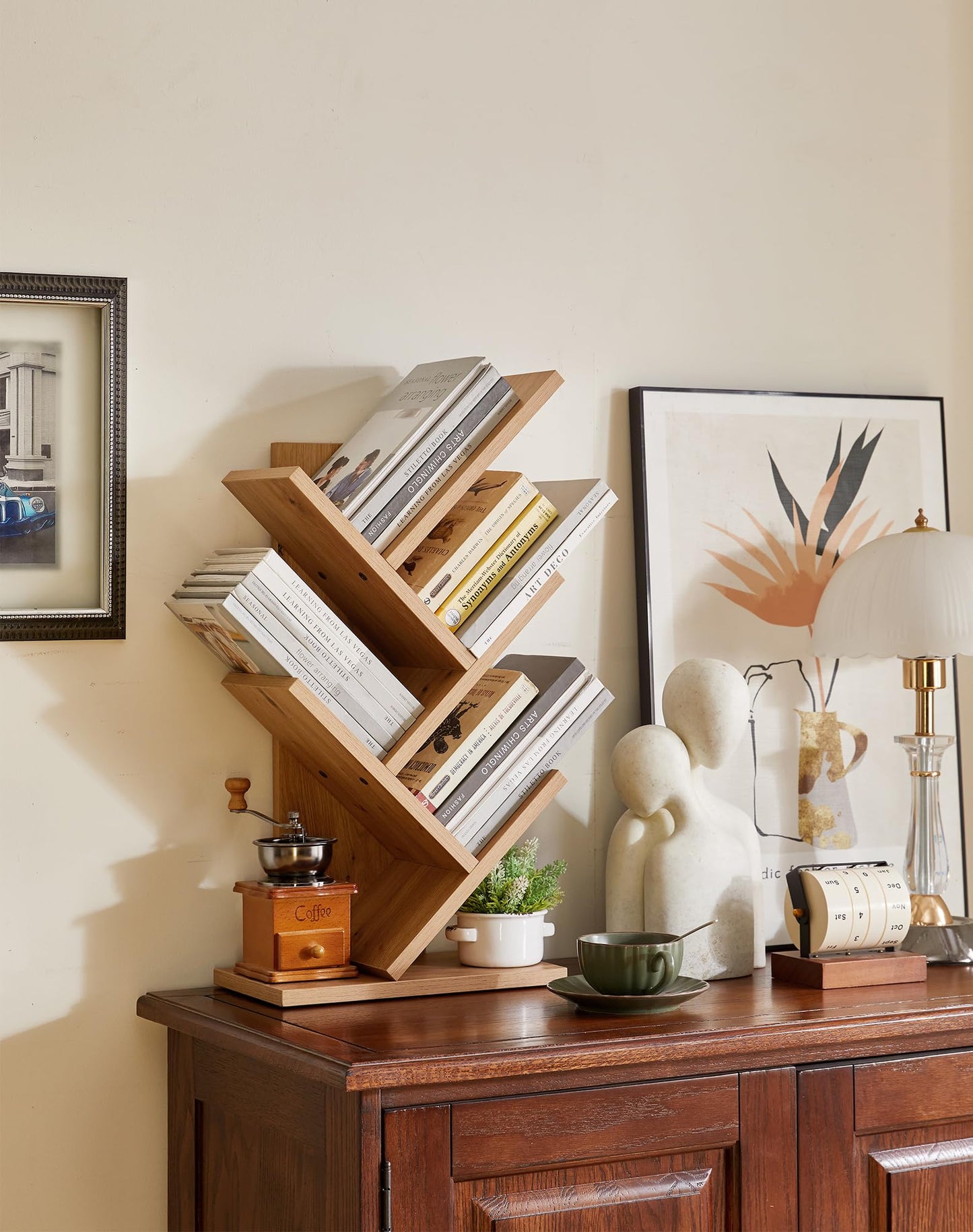 YMYNY 4 Tier Tree Bookshelf, Small Bookcase, Modern Wood Book Storage Rack, Freestanding Book Shelf for Books/Movies/CDs