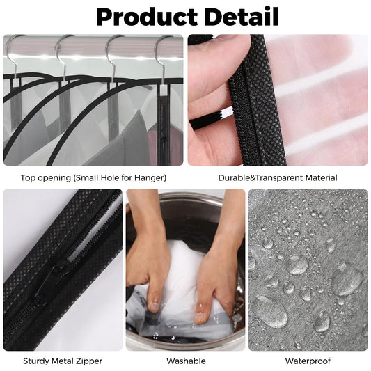 12 x clothes covers, dust proof, transparent hanging clothes covers with zip, protection for shirts, suits, coats, dresses, etc.