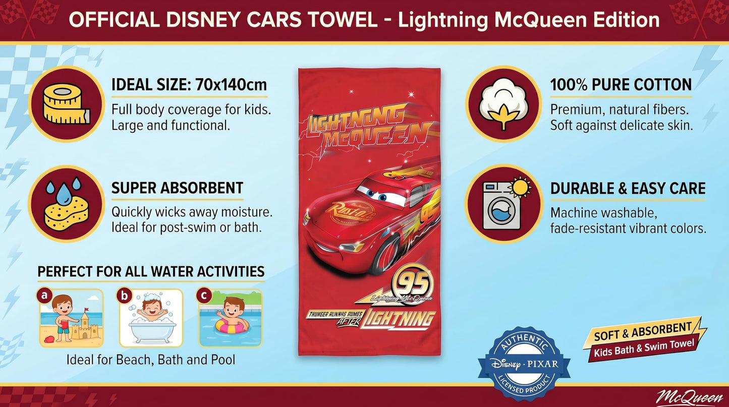 BrandMac Disney Cars McQueen Beach & Bath Towel 70x140cm, 100% Cotton | Soft & Absorbent Kids Bath & Swim Towel | Official Disney Cars Towel