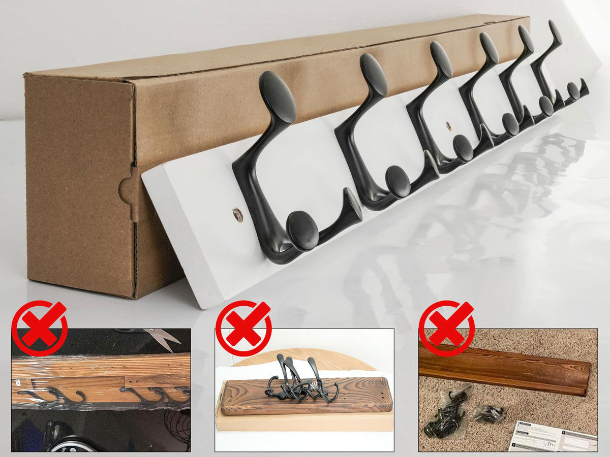 HONSKY Wall Mounted Coat Rack, 91cm White Pine Wood Base, 6 Black Sturdy Aluminium Alloy Triple Hooks18 Hanging Points