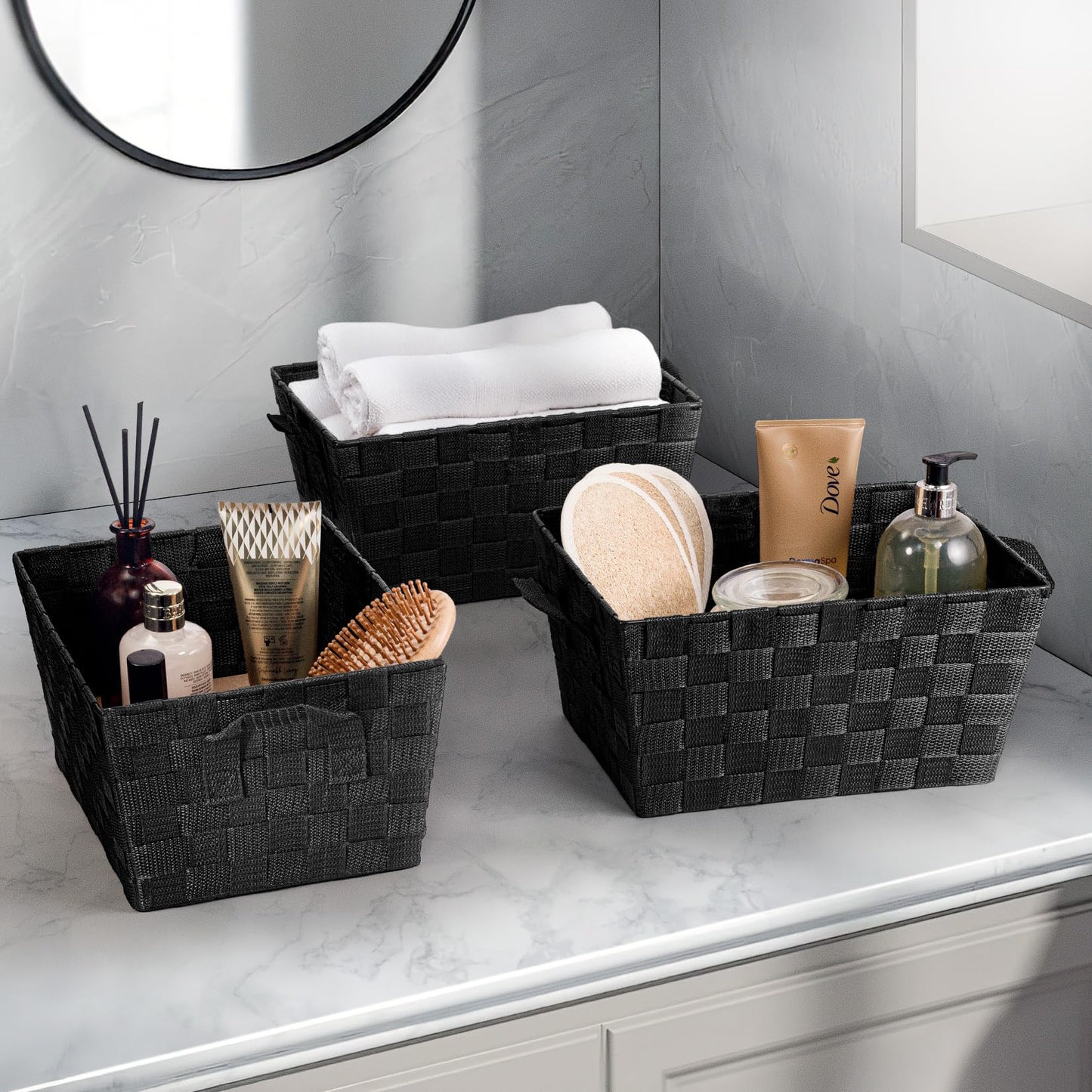 EHC Storage Baskets set of 3, Storage baskets for shelves, Storage Boxes Storage Organiser Hamper Basket, Black