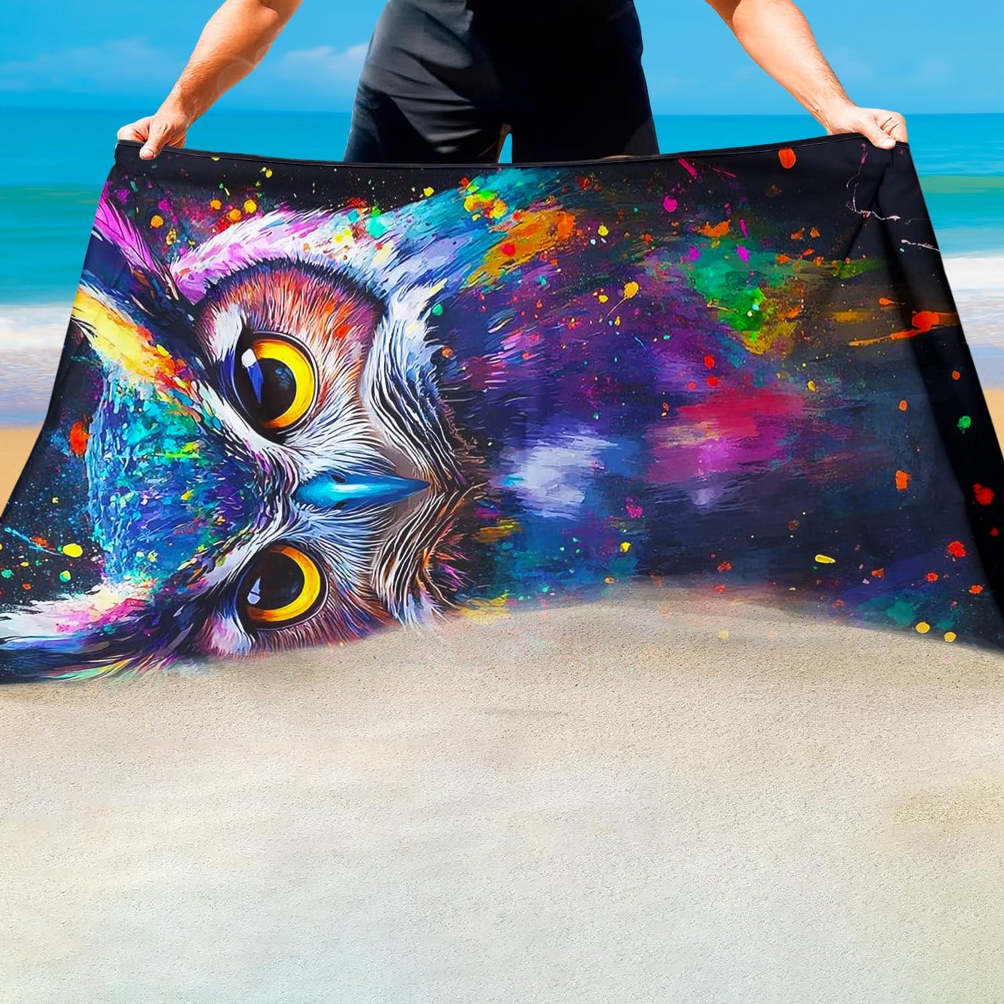 Violetpos Neon Owl Dragon Beach Towel, Extra Large 180x90 cm 250GSM Microfibre, Sand Free Quick Dry