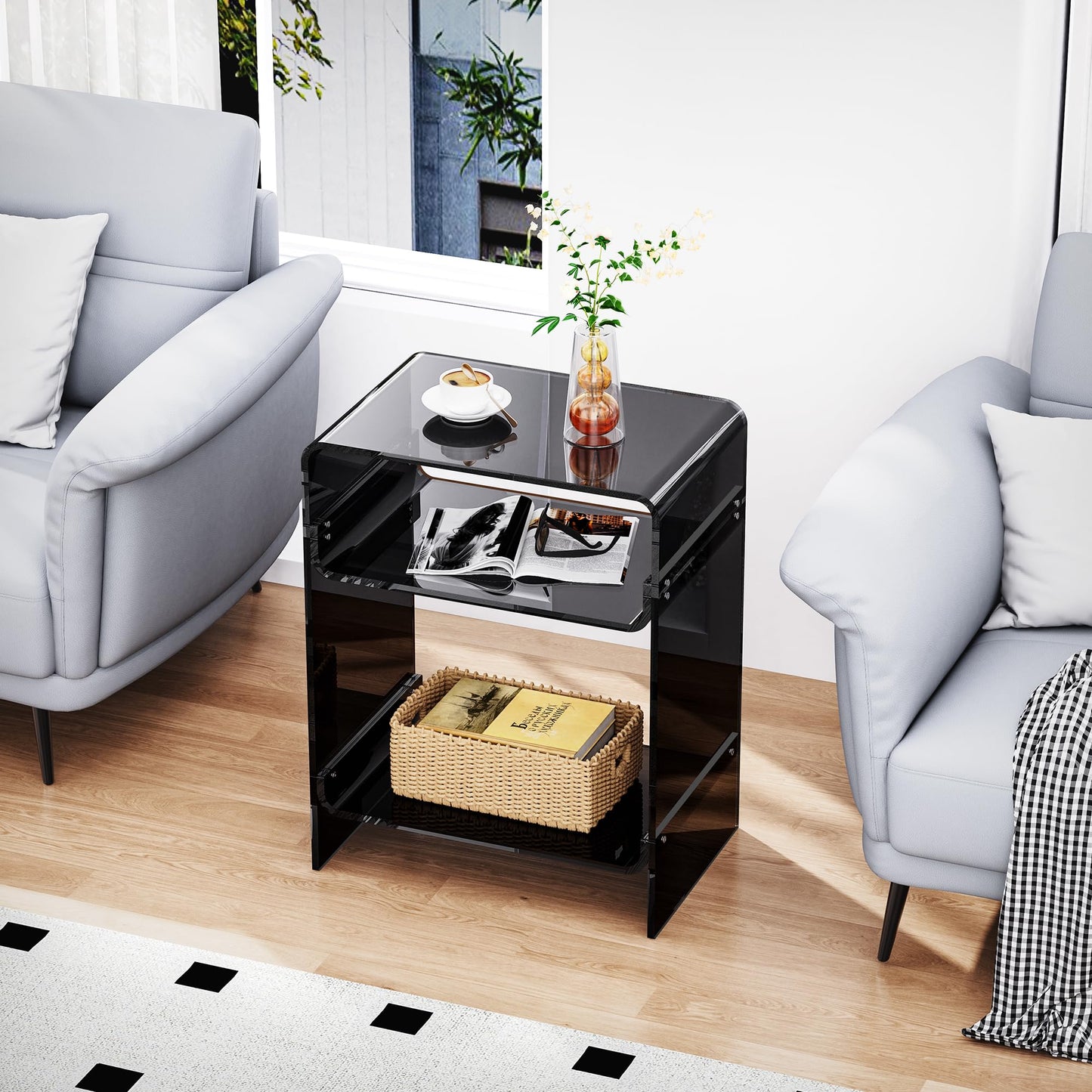 Acrylic Record Player Table with Storage Shelf, Clear Side Table, Nightstand (Black, 45×30×58 cm, Acrylic)