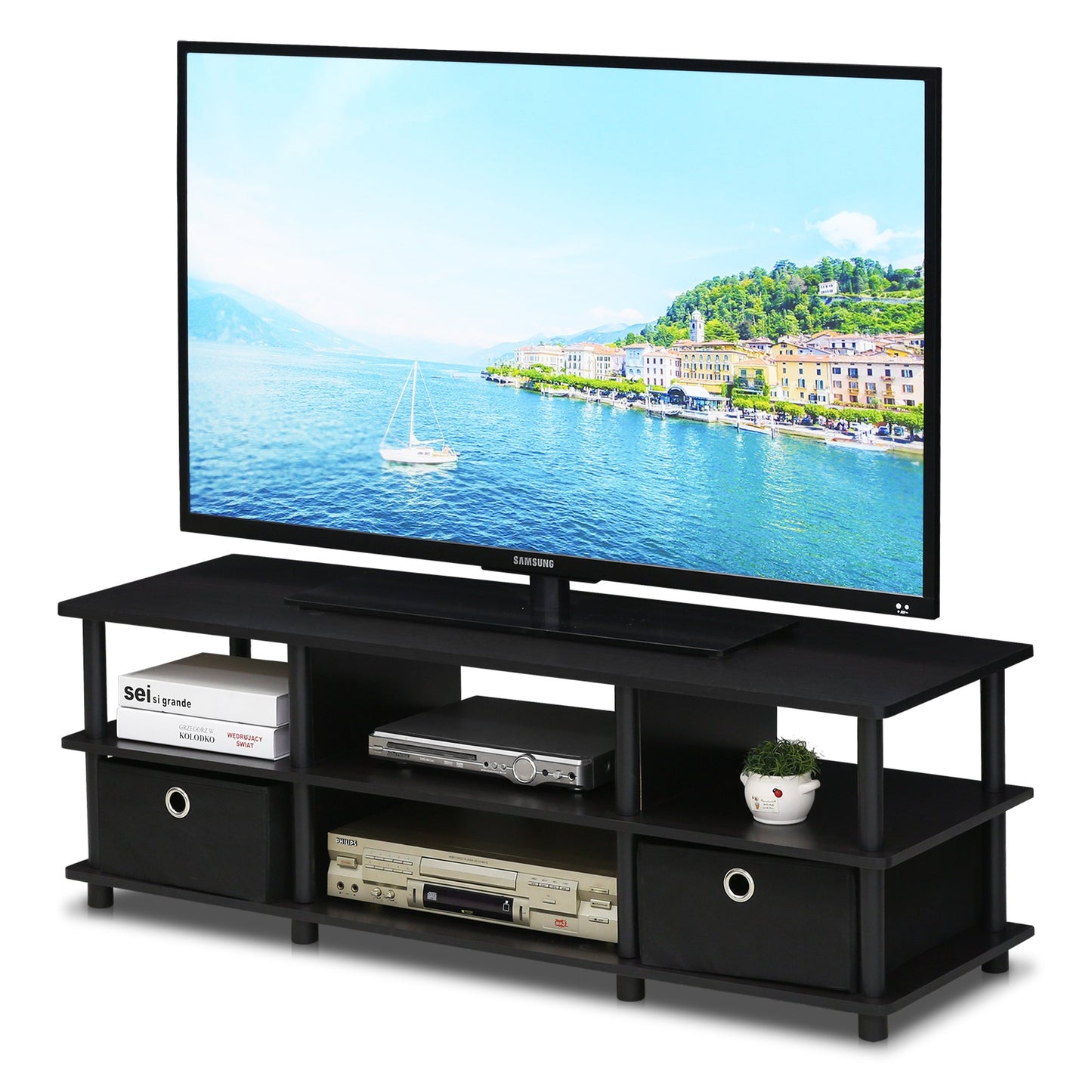 Furinno Econ TV Entertainment Center with Storage Bins, Espresso/Black