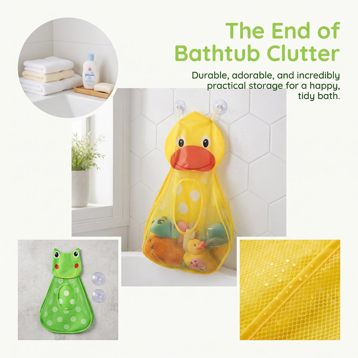 QIANSSE 2-Pack Bath Toy Storage Bag with Suction Cups