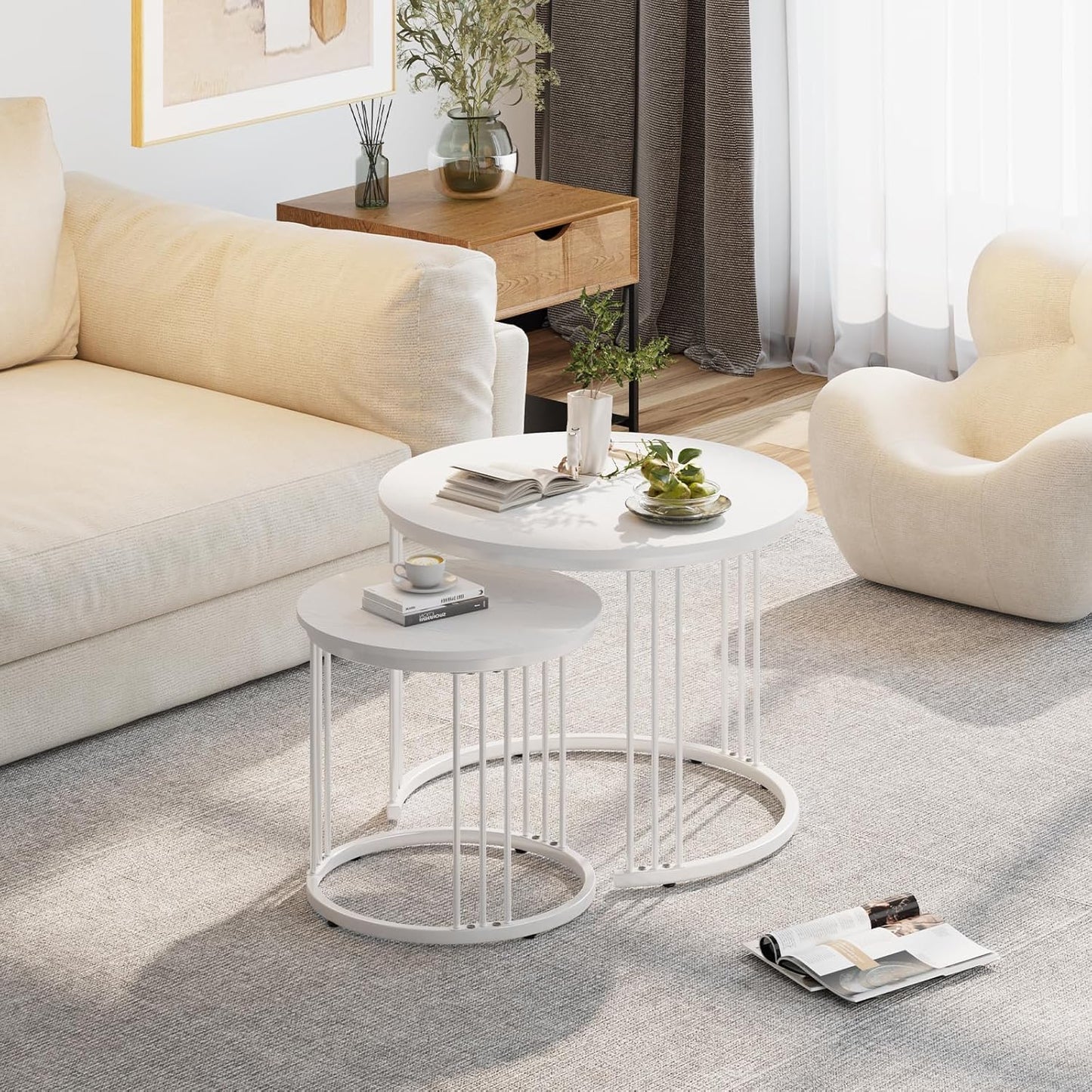 Huhote Round Coffee Tables, Set of 2 End Table, Nesting Tables, Side Table with Metal Frame for Living Room/Bedroom/Balcony/Office/Apartment
