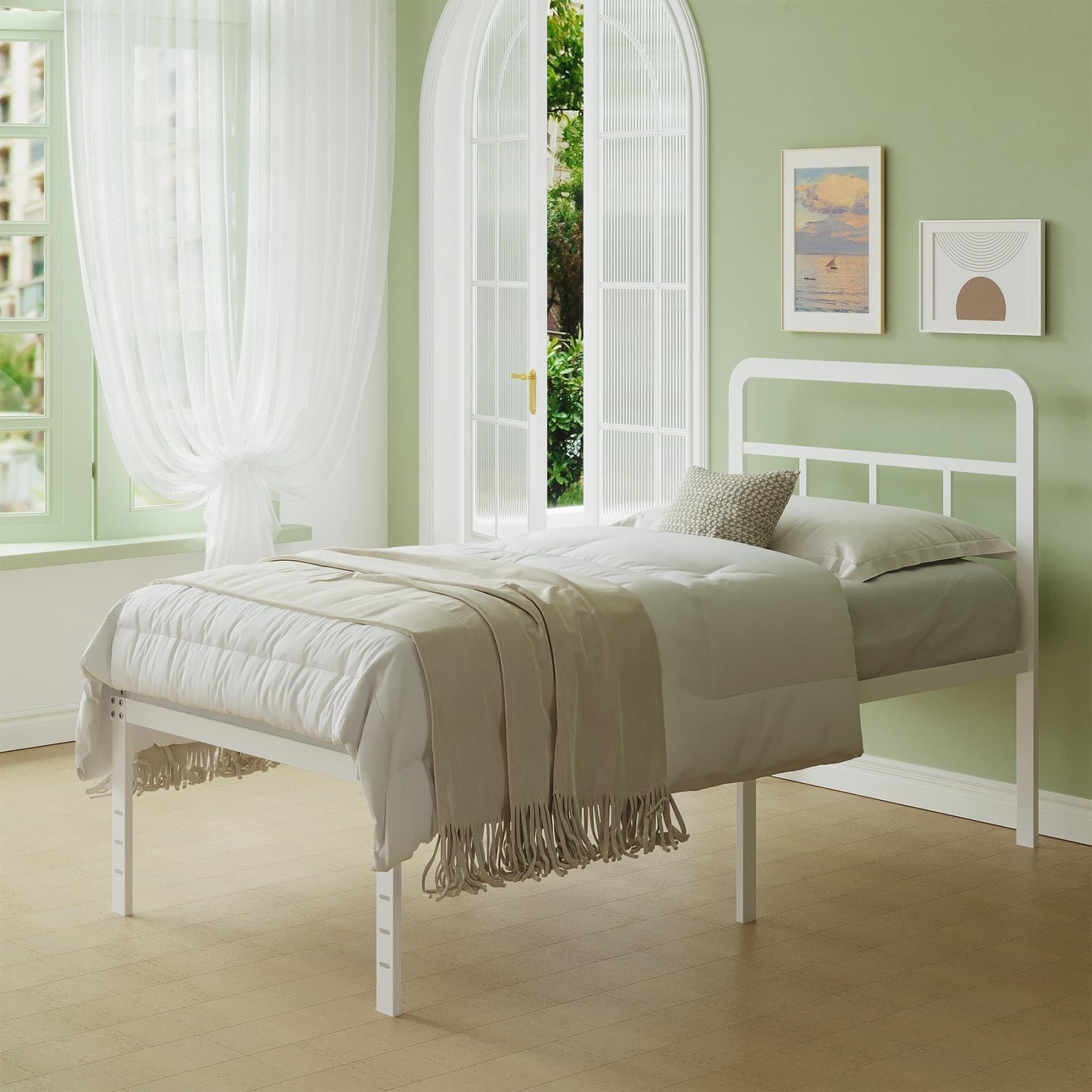 Lutown-Teen Metal Small Single Bed Frame with Headboard, 46 cm High, White