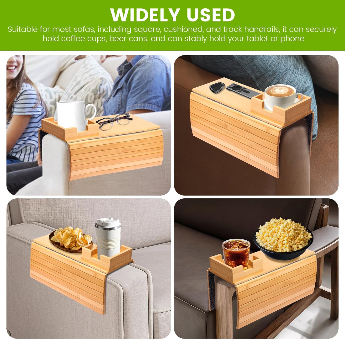 Wooden Sofa Arm Tray Anti Slip Couch Cup Holder Tray Table Portable Sofa Snack Holder Armrest Organizer for Snacks Phone TV Remote Cups