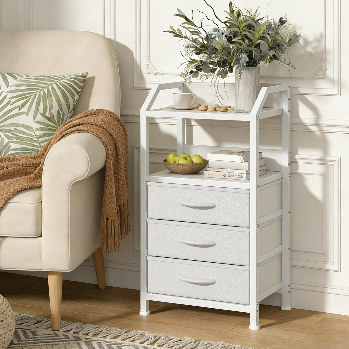 Feonase Bedside Table 40cm Wide with 3 Fabric Drawers & Open Shelf Suitable For Bedroom Bed Side Tables, Sofa Side Tables