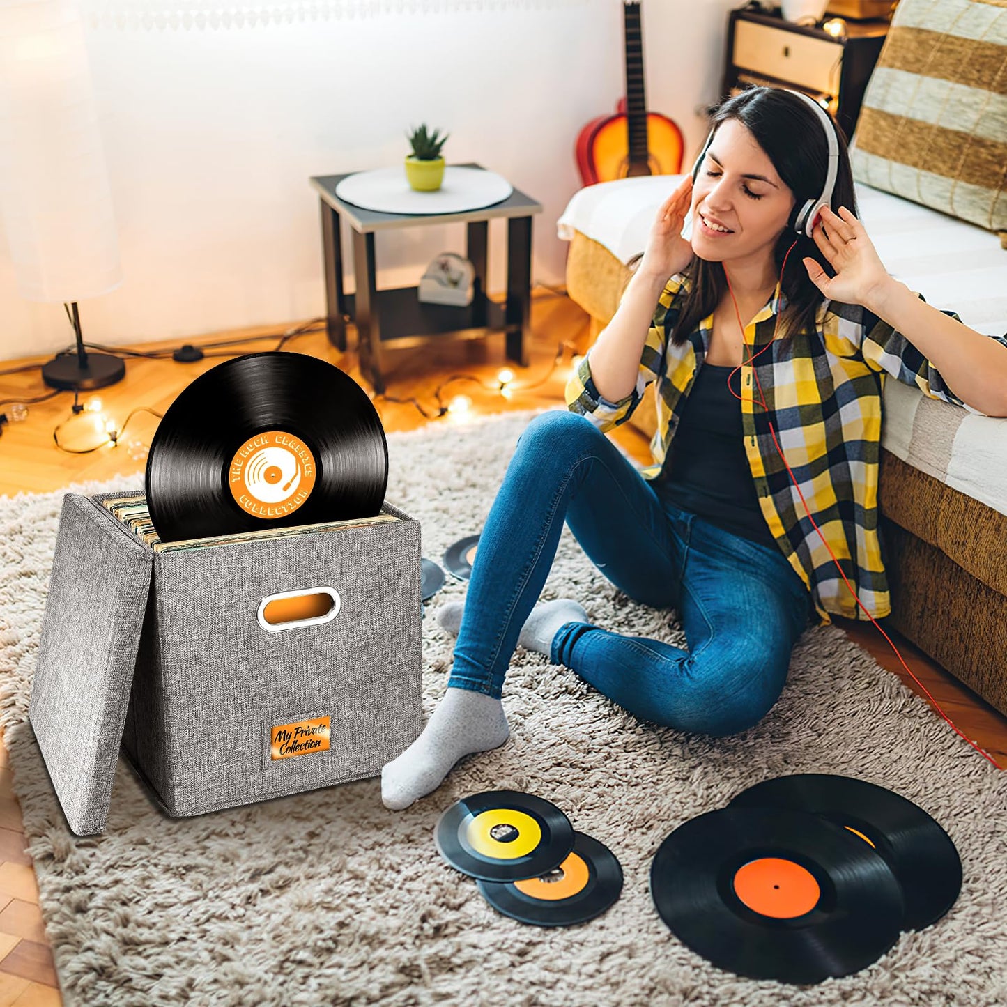 4 PCS 12-inch Vinyl Record Storage Box,Folding LP Case with Lid & Handle