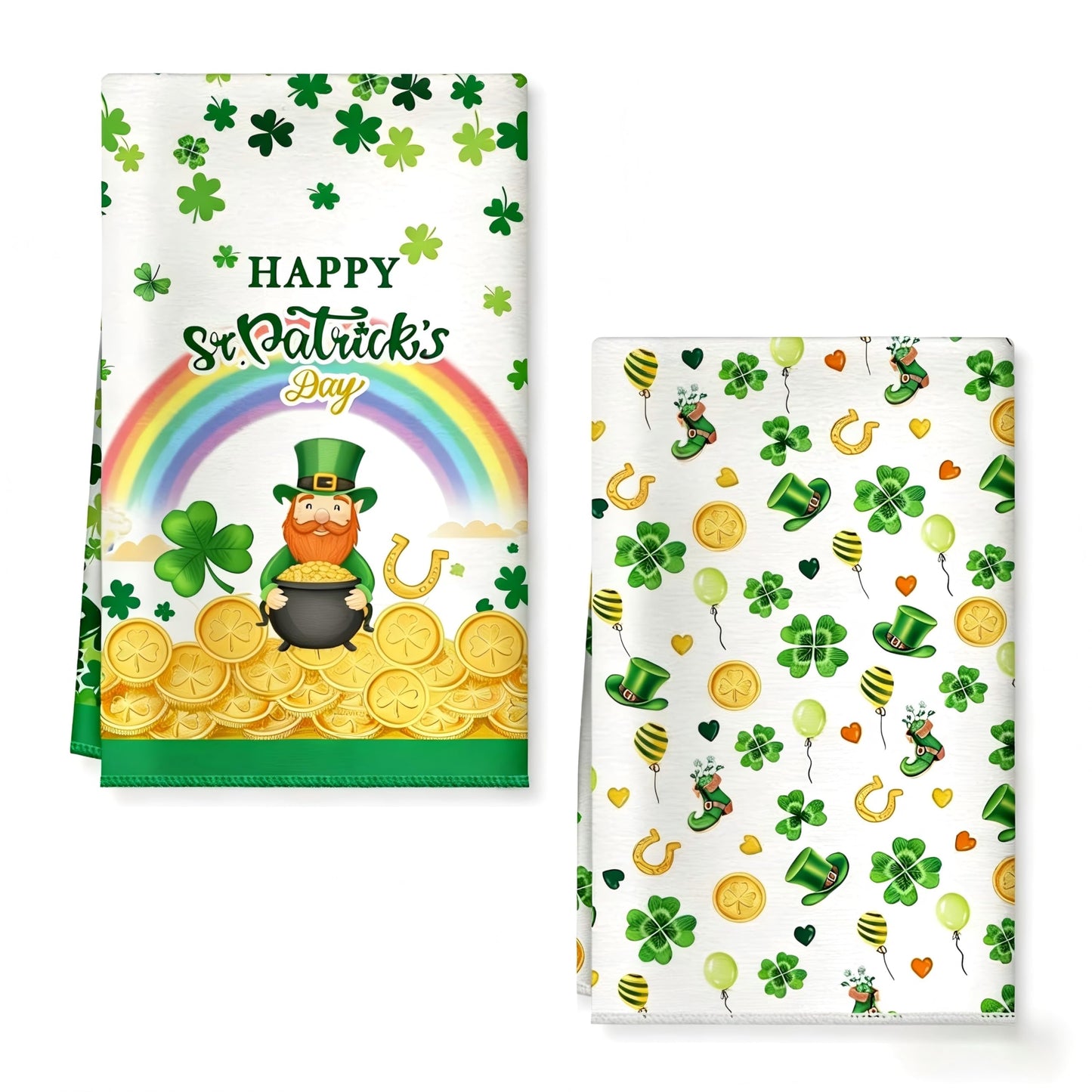 Kaiperala 2pcs St Patricks Day Tea Towels for Kitchen, Irish Green Kitchen Towels Shamrock Four Leaf Clover Print Hand Towel Absorbent Microfiber