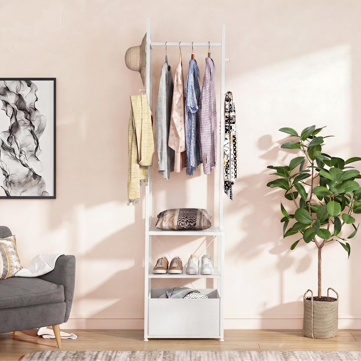 YITAHOME Coat Stand, Clothes Rack Hall Tree with Shelves & Hooks, White